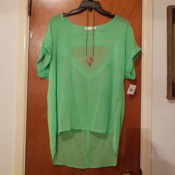 Liberty Love Tops - Sheer Neon Green Hi-Lo Blouse